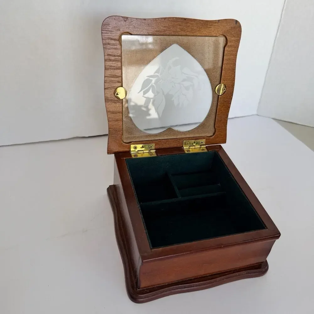 Vintage Dark Wood Jewelry Box with heart shaped glass panel